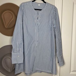 Blue and white striped split neck tunic